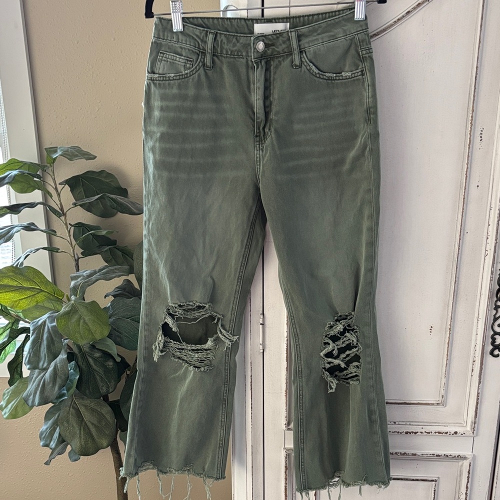 Vervet Women’s 26 Jeans Green Wide Leg Distressed Crop Mid Rise Cotton Denim